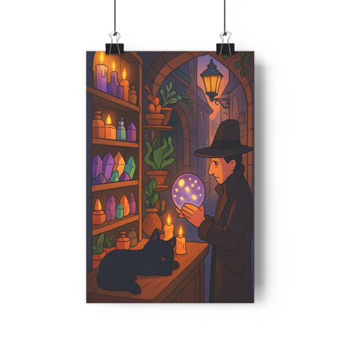 Poster homme chapeau boule cristal lumières violet bleu boutique flacons plantes pierres précieuses chat noir ambiance mystérieuse calme salon chambre