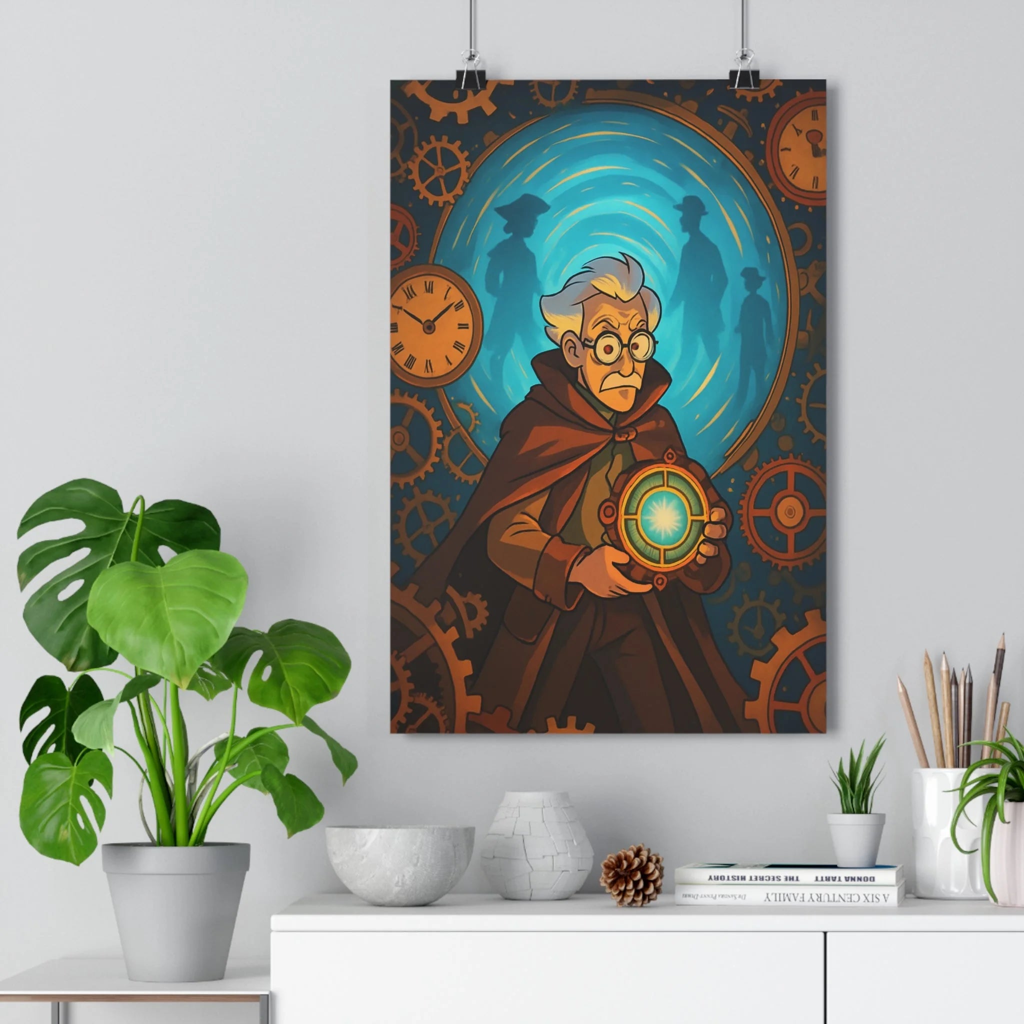Poster décoratif rétrofuturiste steampunk bleu lumineux mystique horloge bureau salon homme voyageur intrigant qualité