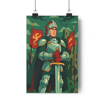 Poster chevalier armure epée cape dragons paysage nuages ruines couleurs sombres esthétique vintage ambiance mystérieuse chambre salon