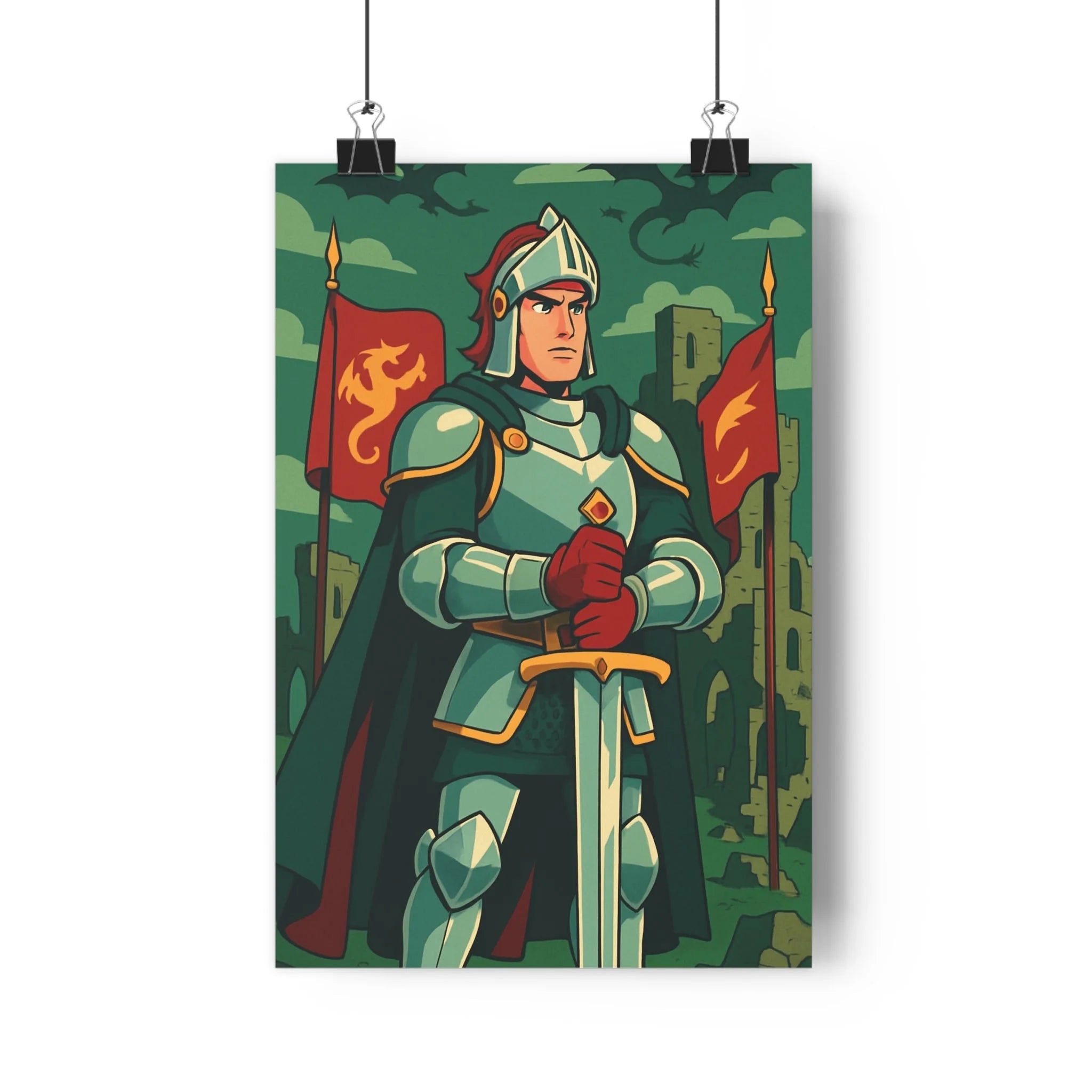 Poster décoratif chevalier armure rouge vert dragon aventure chambre enfant épée ambiance ancienne ruines
