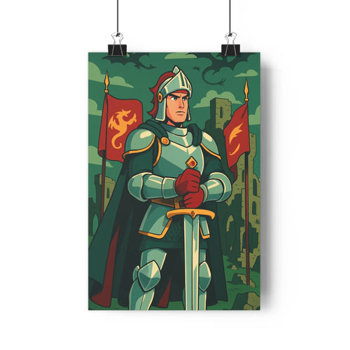 Poster chevalier armure epée cape dragons paysage nuages ruines couleurs sombres esthétique vintage ambiance mystérieuse chambre salon