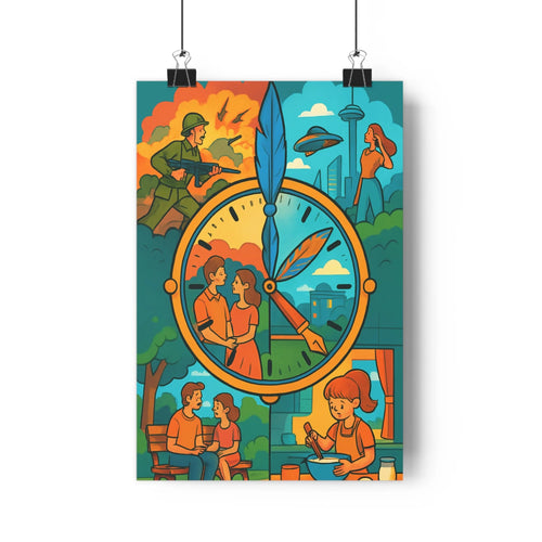 Poster horloge plumes embrassade conversation ville gratte-ciels ufo explosion arbres plantes bleu vert jaune contemporain dynamique social culturel