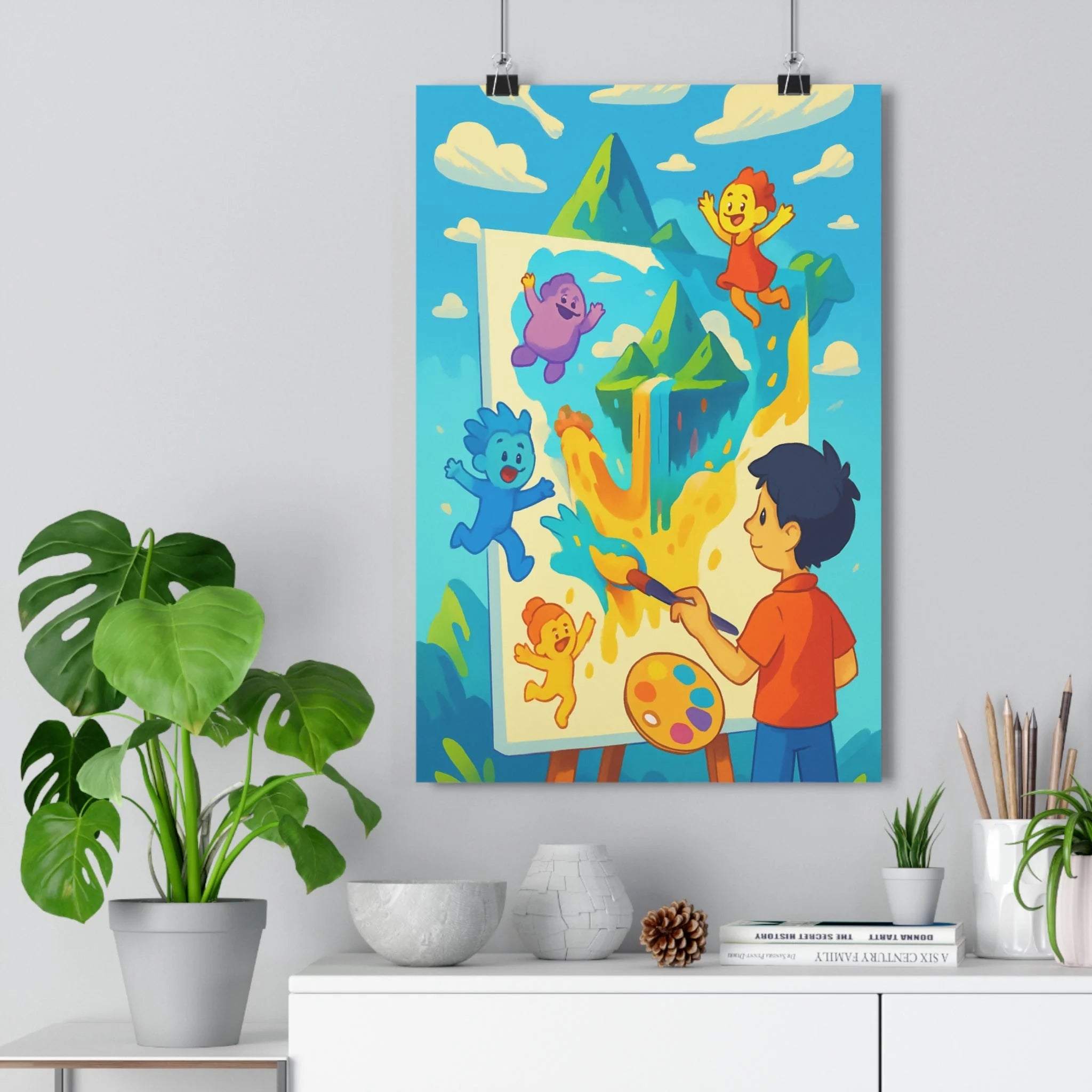 Poster décoratif surréaliste anime artistique couleurs vives paysage joyeux salon chambre bureau cascade qualité