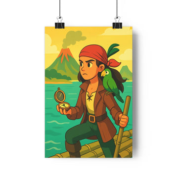 Poster aventure pirate mer radeau perroquet volcan couches montagne ciel jaune rose contours nets ombres douces exploration maritime chambre