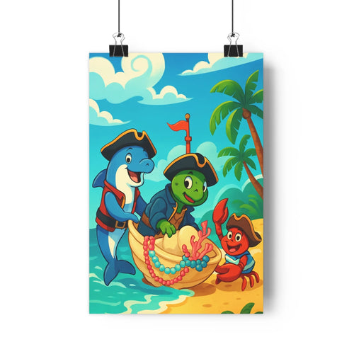 Poster cartoon marin dauphin tortue crabe pirate plage tropicale palmiers nuages joyeux festif chambre salon