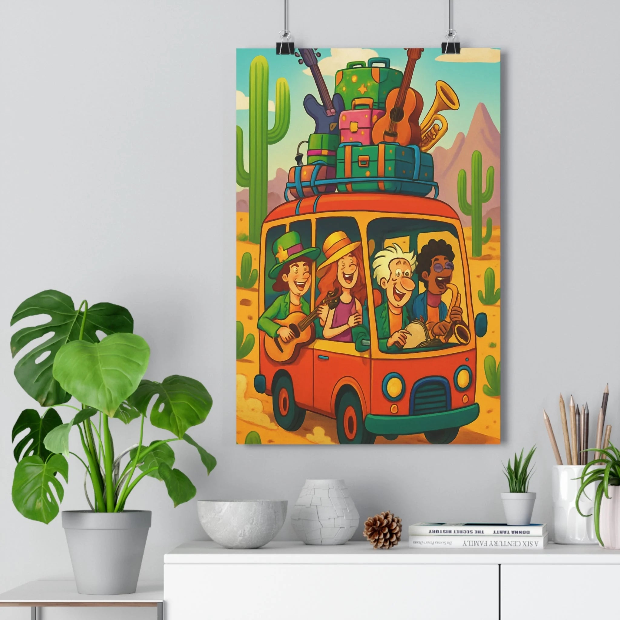 Poster décoratif cartoon joyeux orange désert personnages aventure instruments musique chambre salon coloré ludique