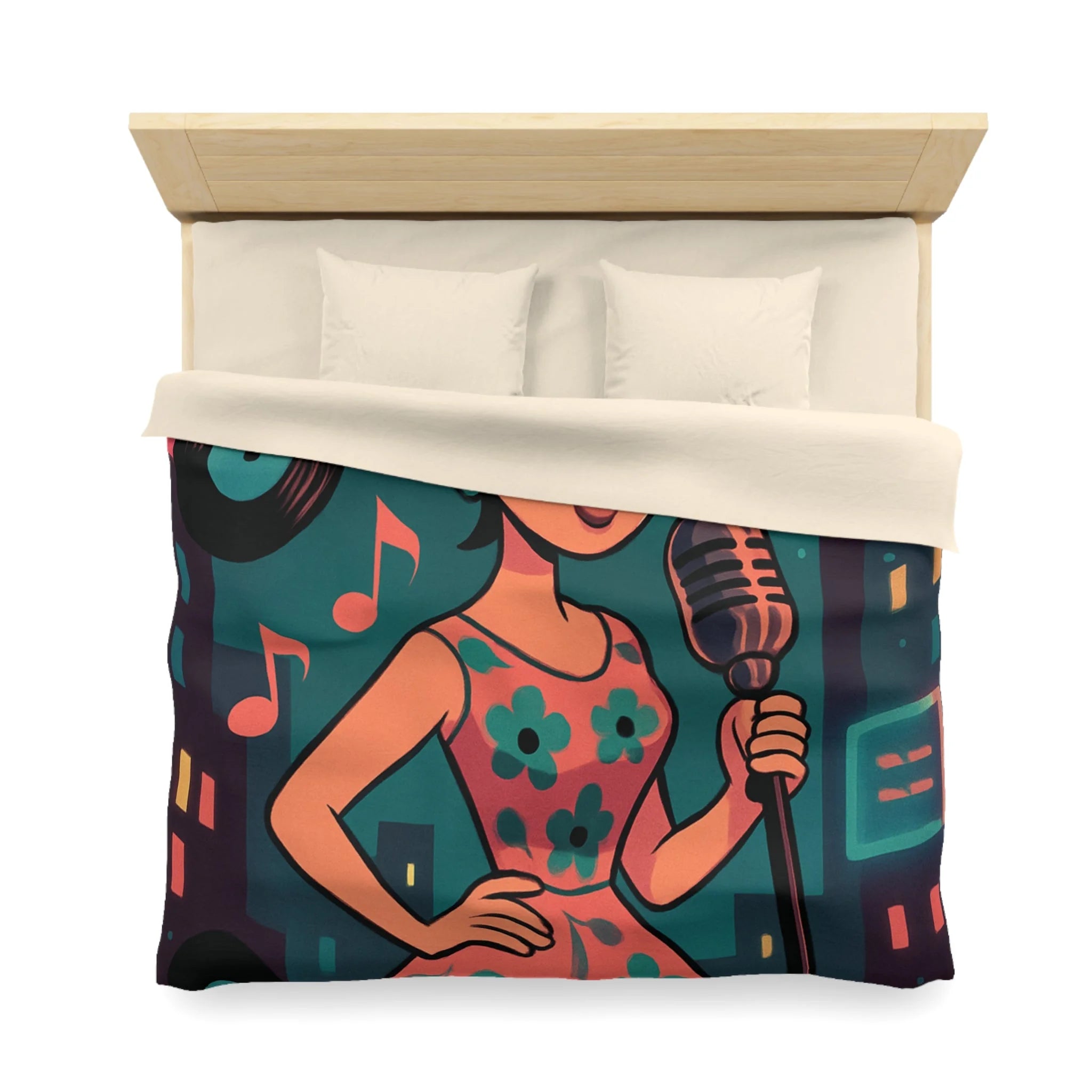 Housse de Couette Vintage Femme en Robe à Fleurs Chante Microphone Musique.