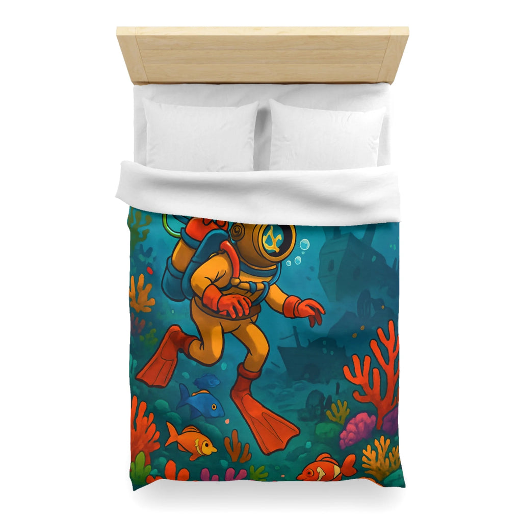 Housse de couette motif plongeur rétro dans un monde sous-marin coloré et mystérieux
