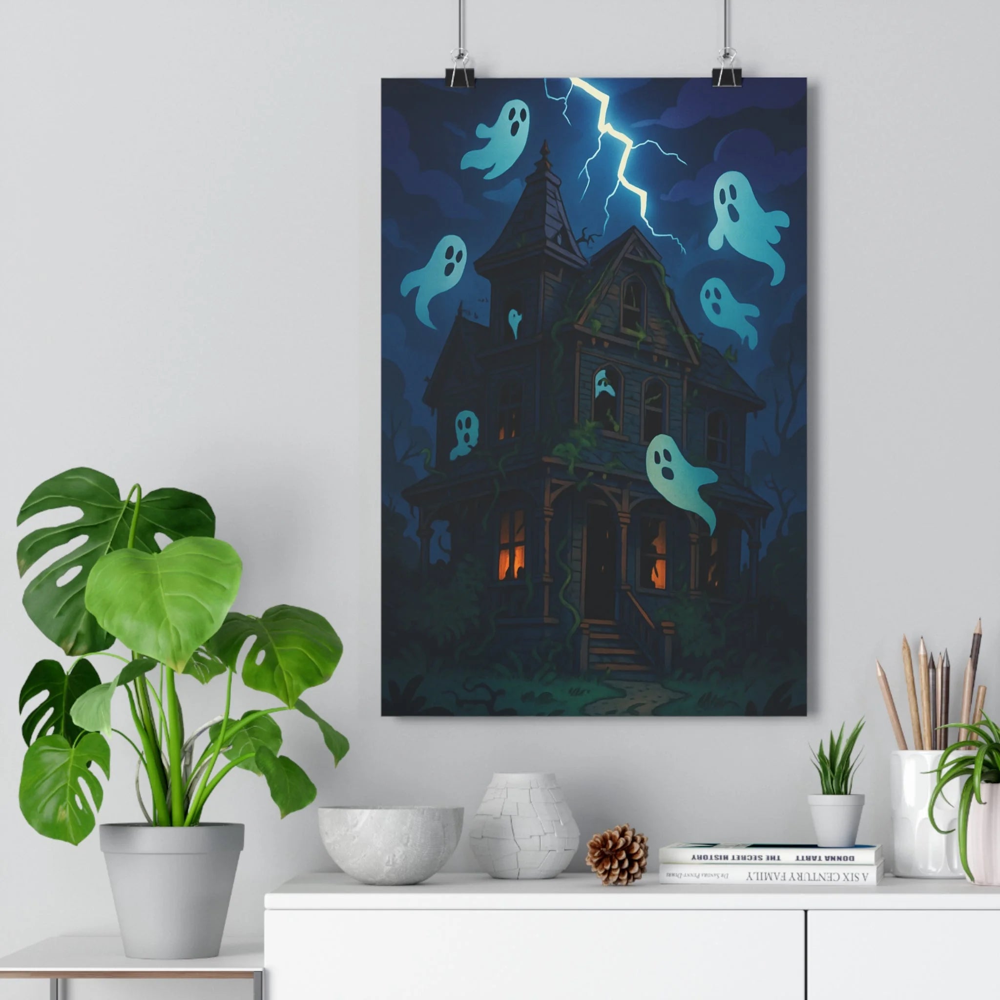 Poster décoratif manoir hanté fantômes mystique sombre gothique dessin animé salon chambre maison qualité