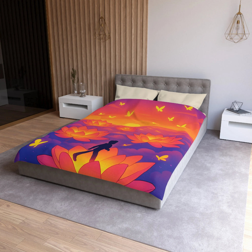 Housse de couette zen : Personne marchant sur fleur de lotus au coucher de soleil