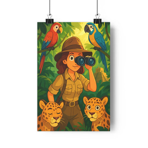 Poster décoratif aventure jungle animé vert jaune excitant salon chambre exploratrice jaguar perroquet structure