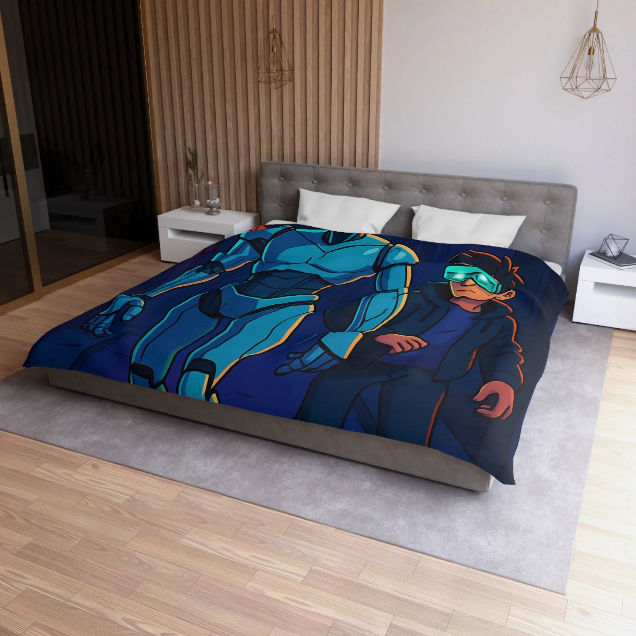 Housse de couette moderne avec illustration néon de robot et jeune avec lunettes lumineuses