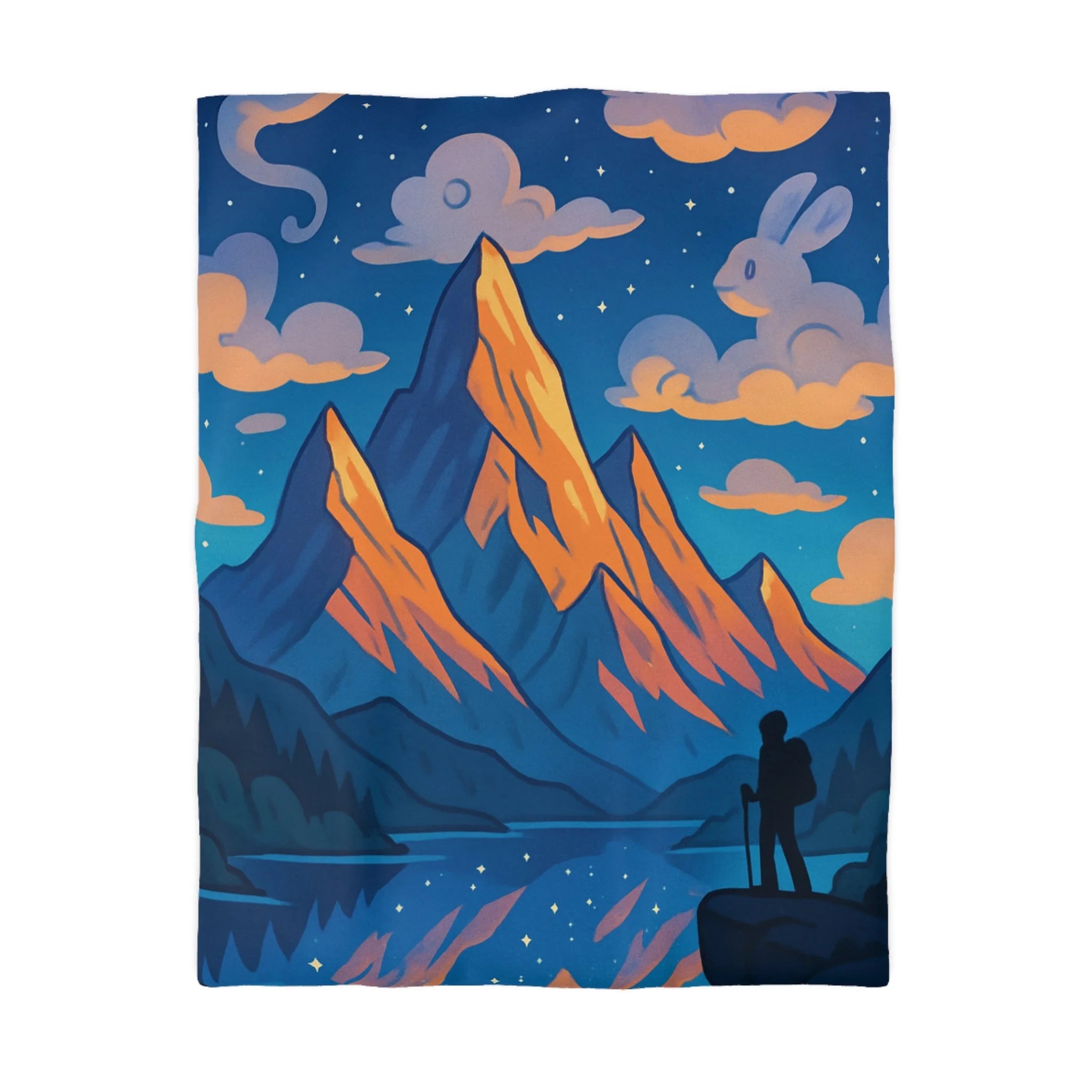 Housse de couette montagne magique avec nuages en forme d'animaux dans le ciel nocturne
