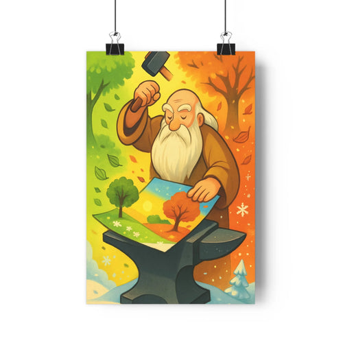 Poster illustré homme barbu marteau papier anvil saisons arbres verts oranges bleus style cartoon calme chaleureux salon chambre