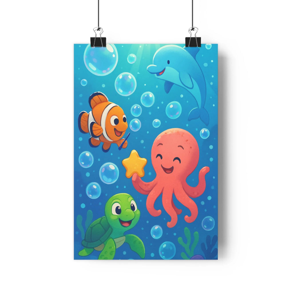 Poster décoratif aquatique cartoon bleu vert joyeux salle bain enfant dauphin tortue pieuvre 30x46