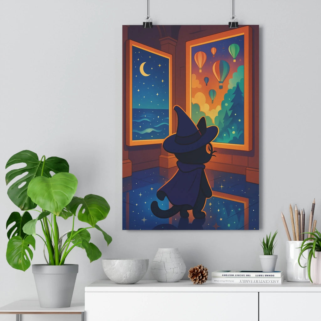 Poster décoratif chat sorcier cartoon bleu orange vert mystique enchanté chambre salon créatif rêveur