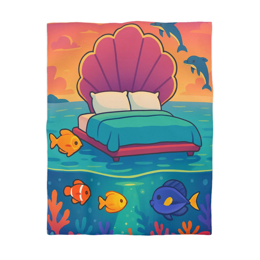 Housse de couette océan, lit coquillage, poissons tropicaux, ambiance coucher de soleil
