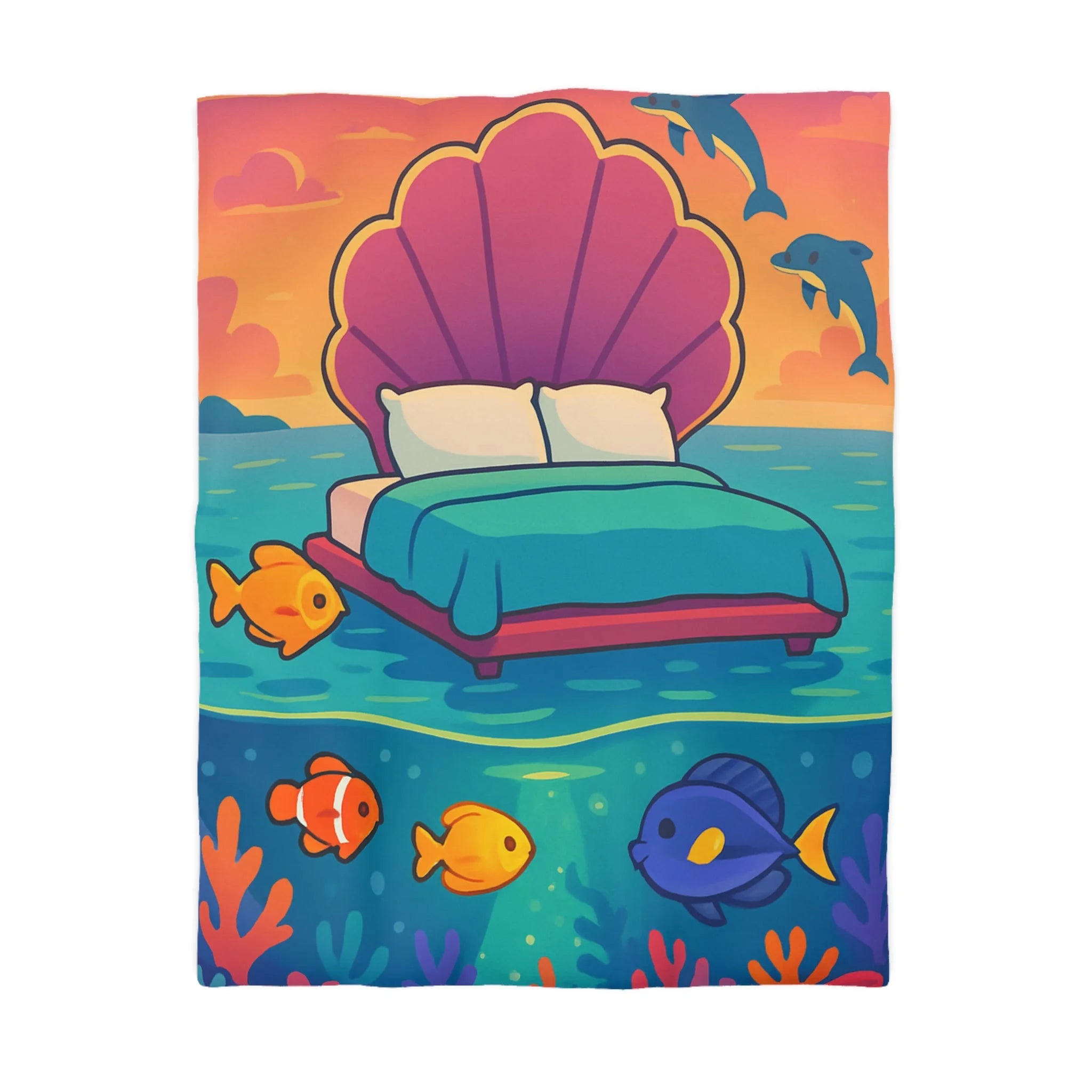 Housse de couette océan, lit coquillage, poissons tropicaux, ambiance coucher de soleil