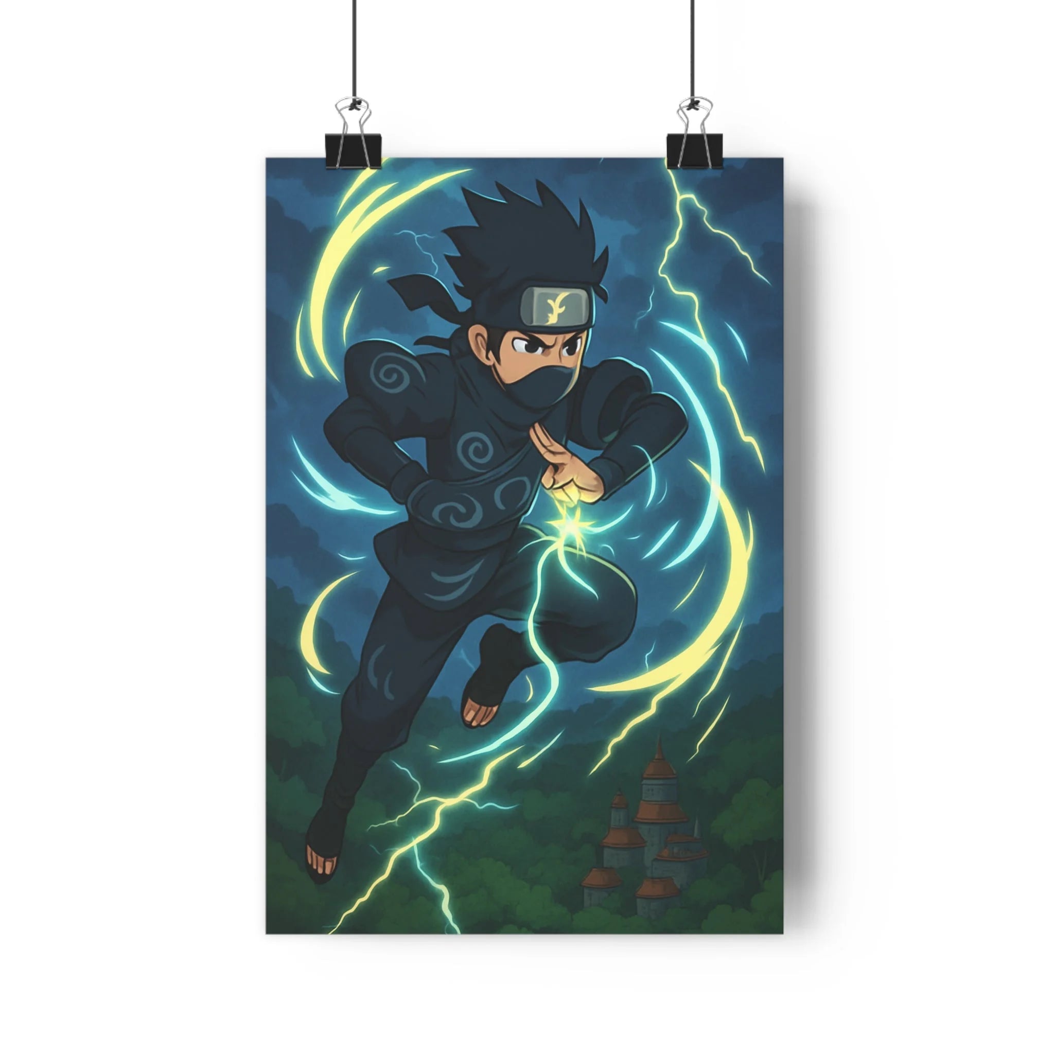 Poster décoratif ninja action anime couleurs vives dynamique chambre bureau éclairs vent 30x46 cm
