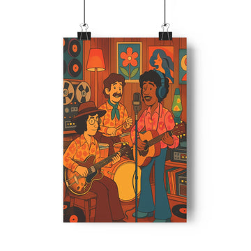 Poster décoratif vintage rétro couleurs chaudes joyeuses salon musique ambiance nostalgique studio musiciens qualité