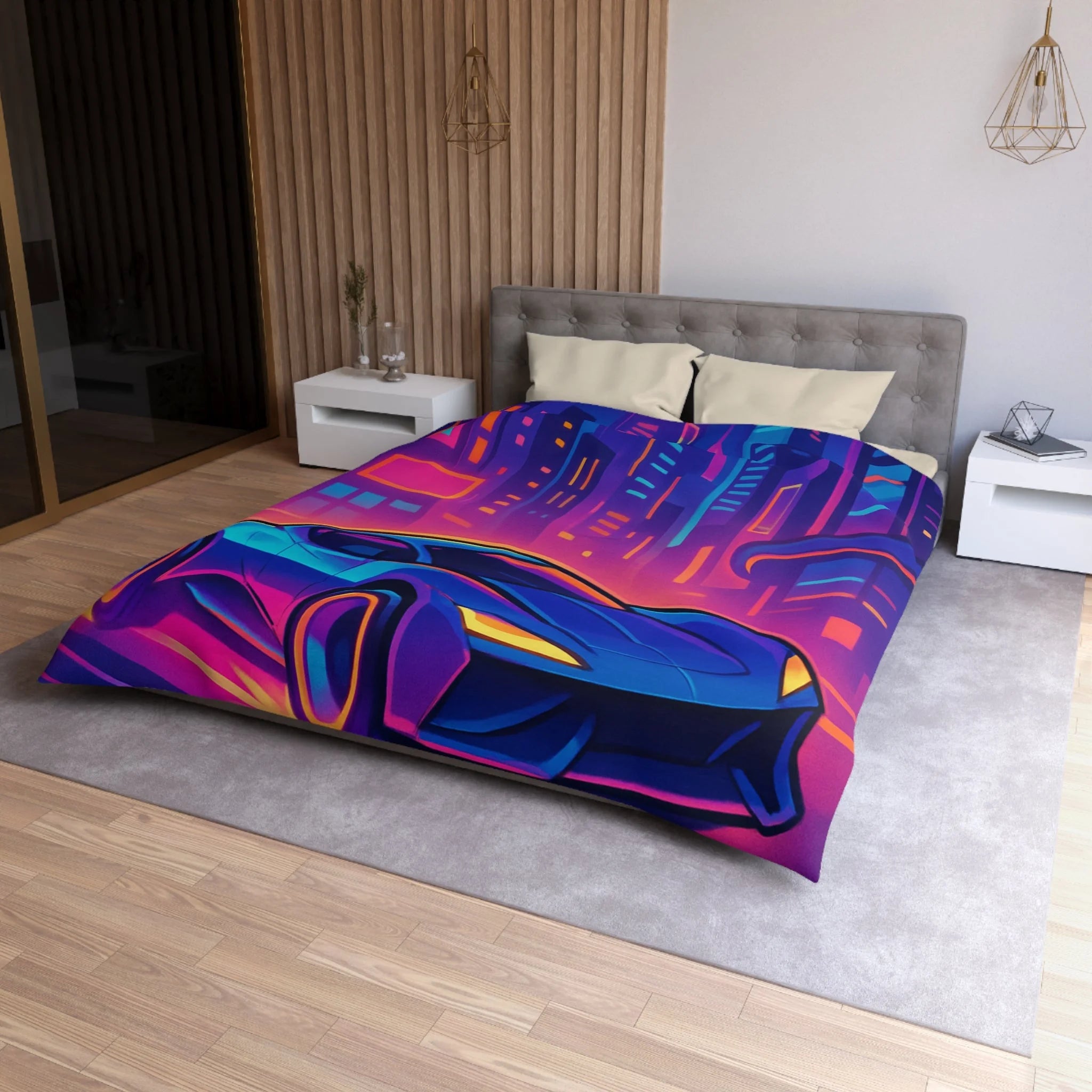 Housse de couette voiture néon sur fond de ville futuriste aux couleurs vibrantes