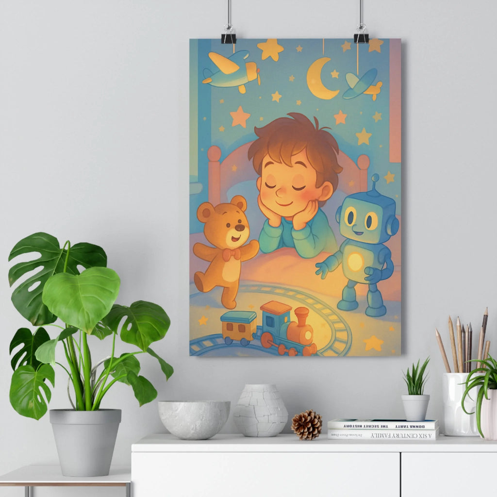 Poster décoratif enfant pastel cartoon joyeux chambre rêveur magique coloré apaisant étoilé train ours
