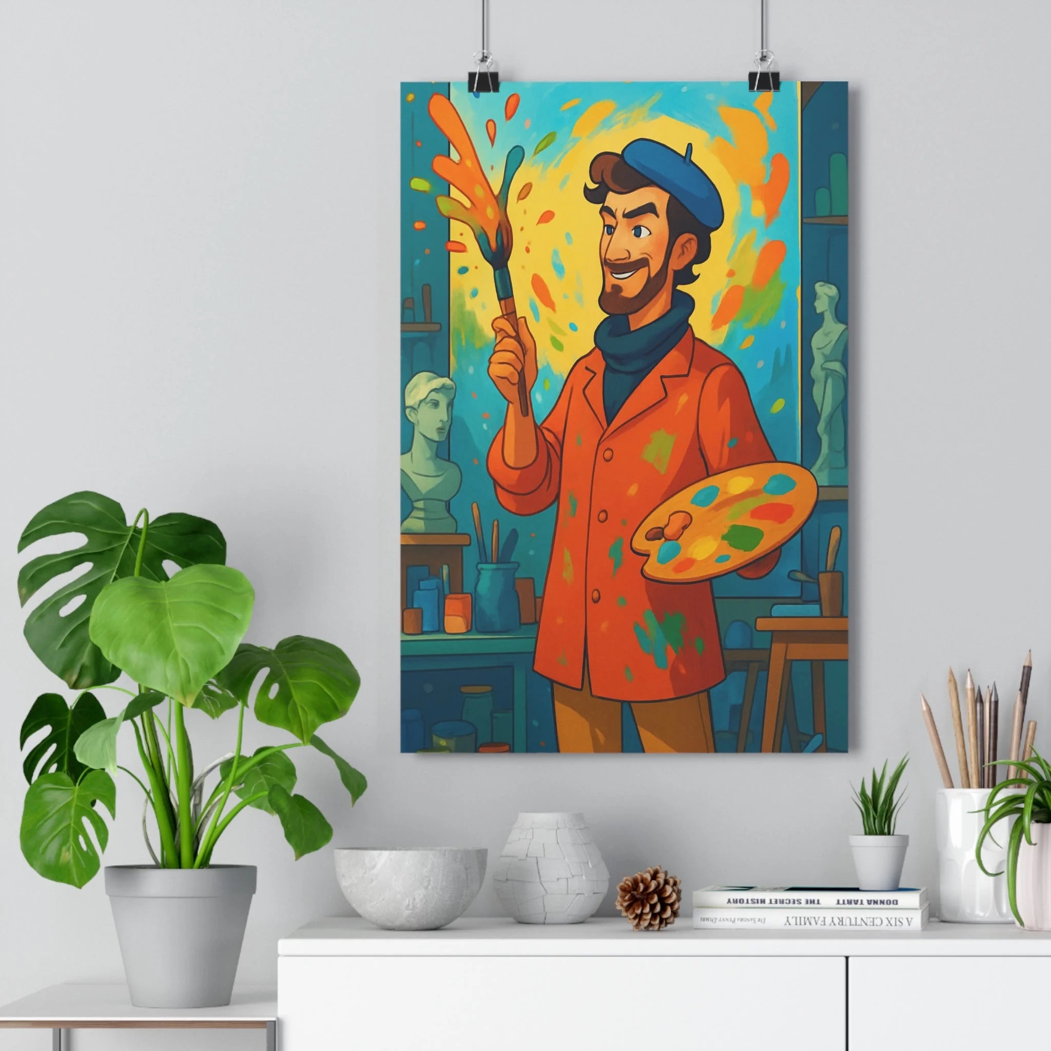 Poster décoratif artistique cartoon bleu orange jaune joyeux créatif salon chambre bureau ambiance énergie