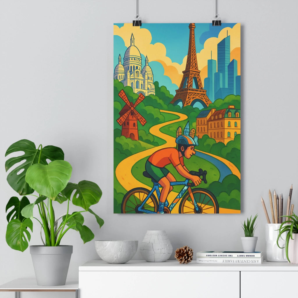 Poster décoratif cyclisme rétro cartoon bleu vert paris salon chambre joyeux moderne dynamique vibrant
