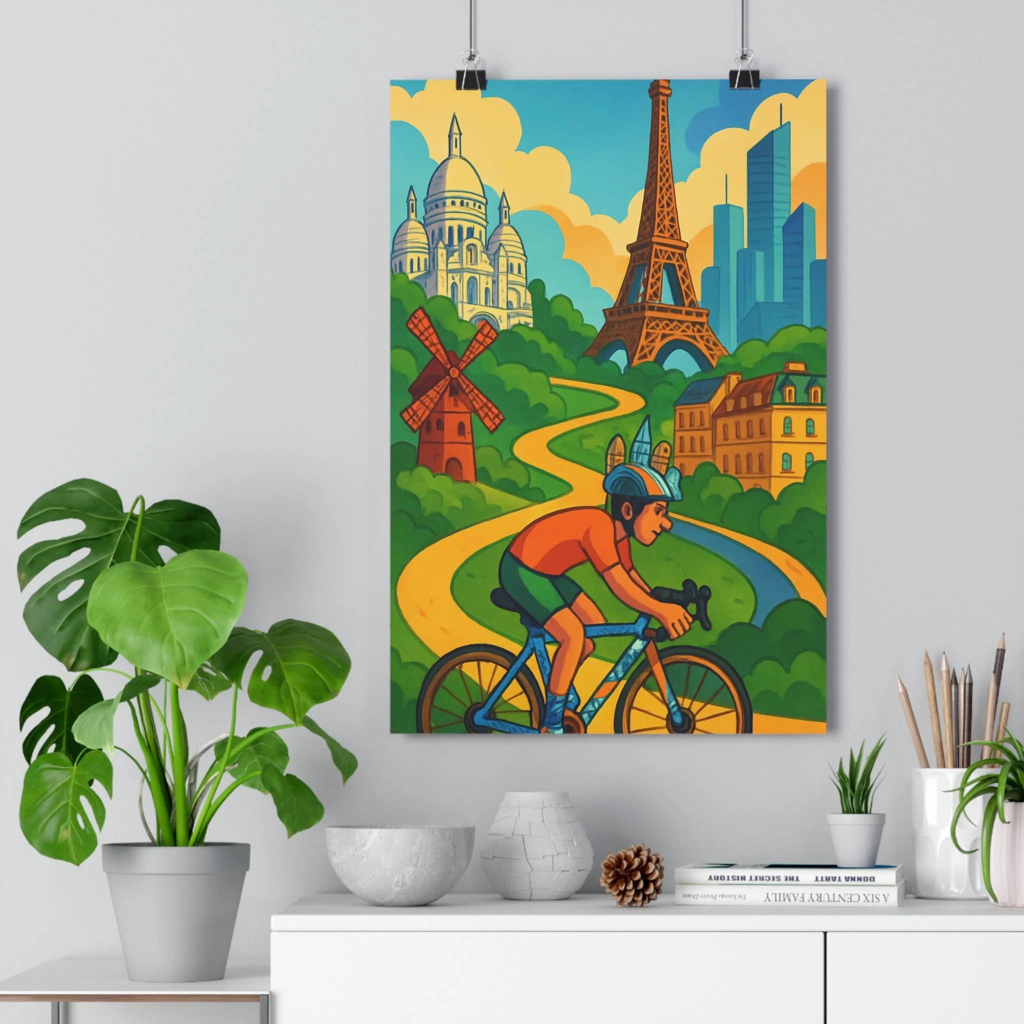 Poster décoratif cyclisme rétro cartoon bleu vert paris salon chambre joyeux moderne dynamique vibrant