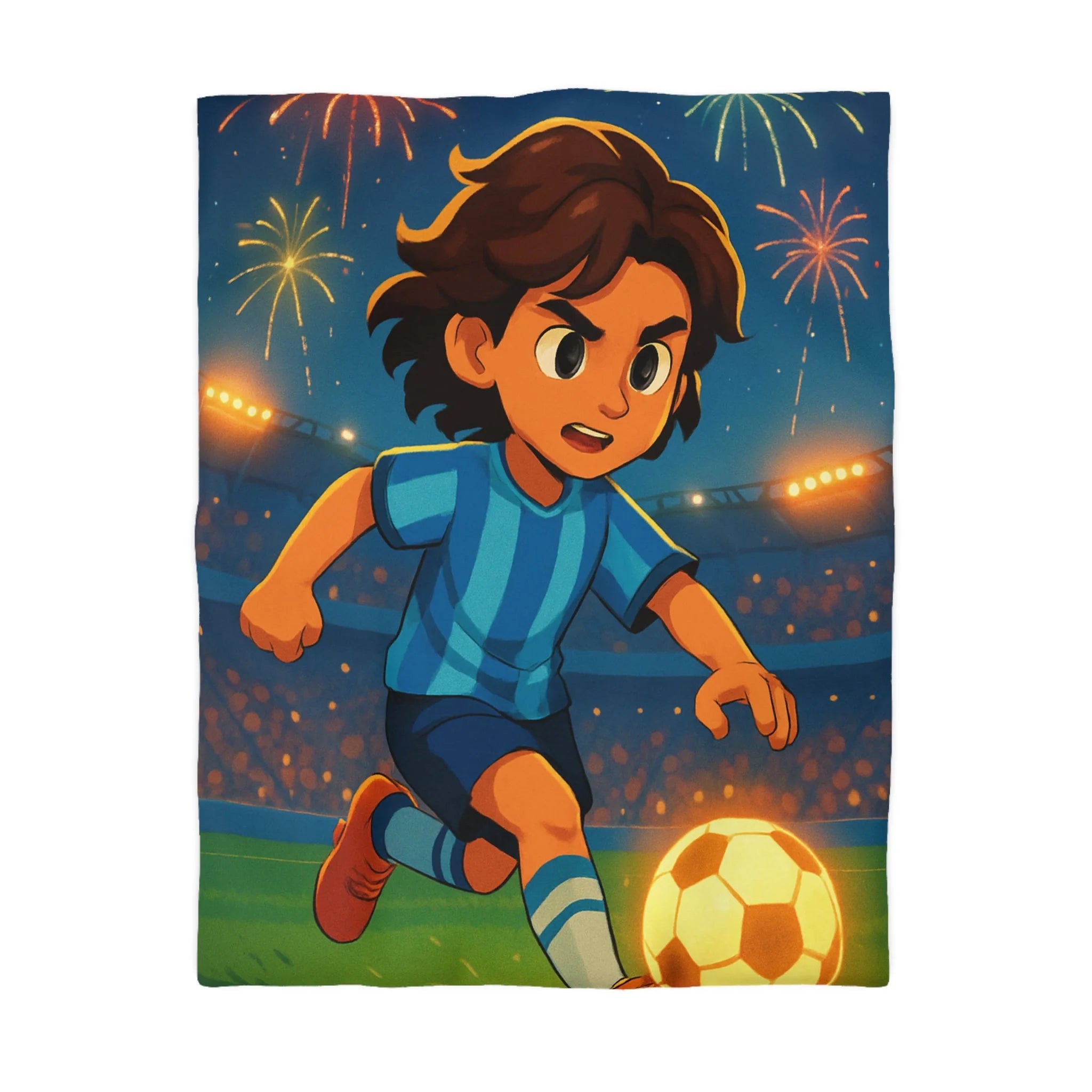 Housse de couette vibrante avec joueur de football animé et feux d'artifice