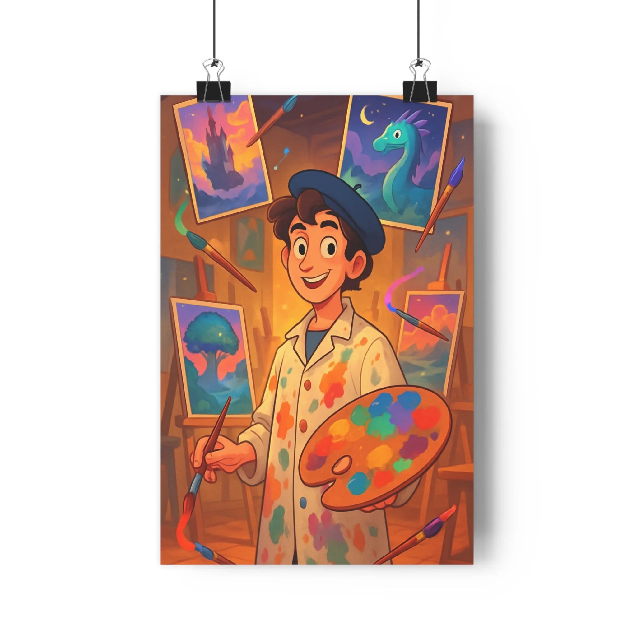 Poster décoratif artistique cartoon joyeux bleu violet orange atelier créatif enfant chambre salon qualité