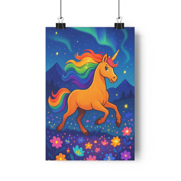 Poster magique licorne orange arcen-ciel étoiles nuages fleurs montagnes nuit enfantin cartoon enchanté doux créatif