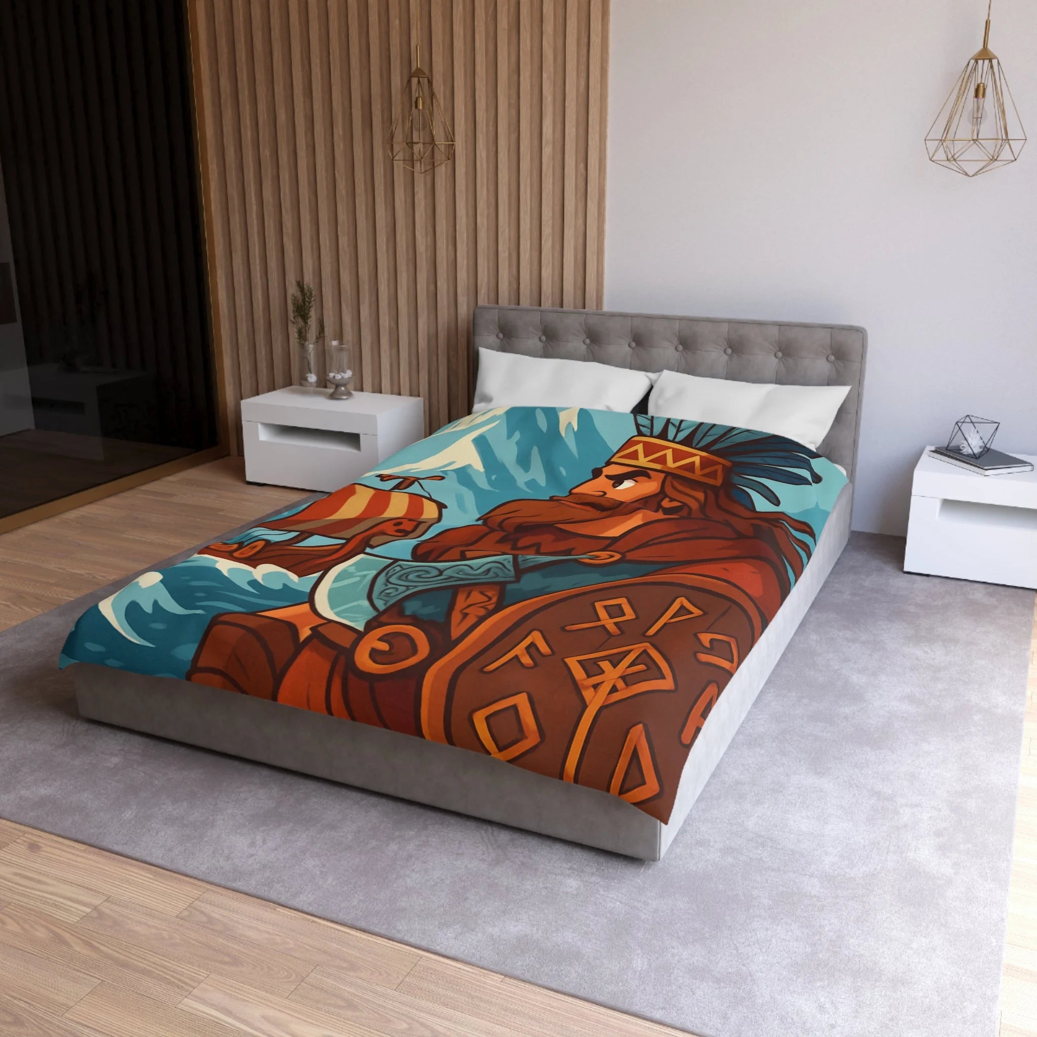 Housse de couette viking avec guerrier, montagne, navire, mer, motifs runiques
