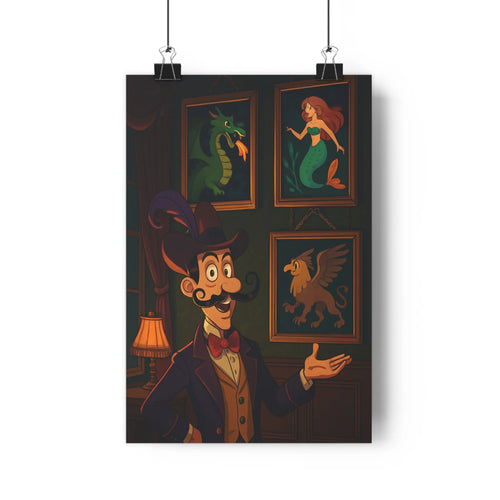Poster homme costumé chapeau cravate rouge cadre créatures fantastiques dragon sirène griffon décor intérieur sombre meubles bois foncé lampe lumière