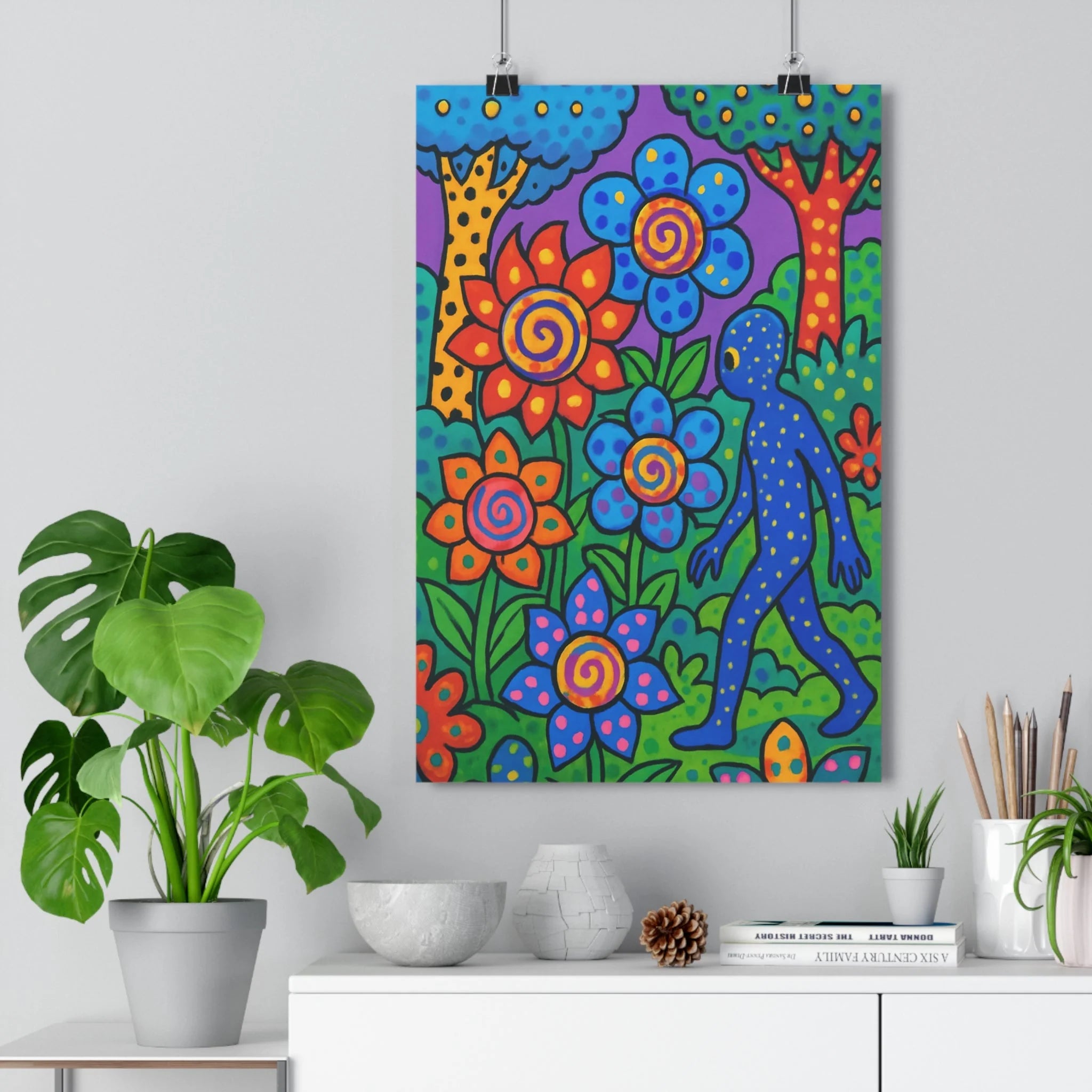 Poster décoratif psychédélique jardin multicolore joyeux salon chambre créatif bleu orange rouge vibrant fantaisie