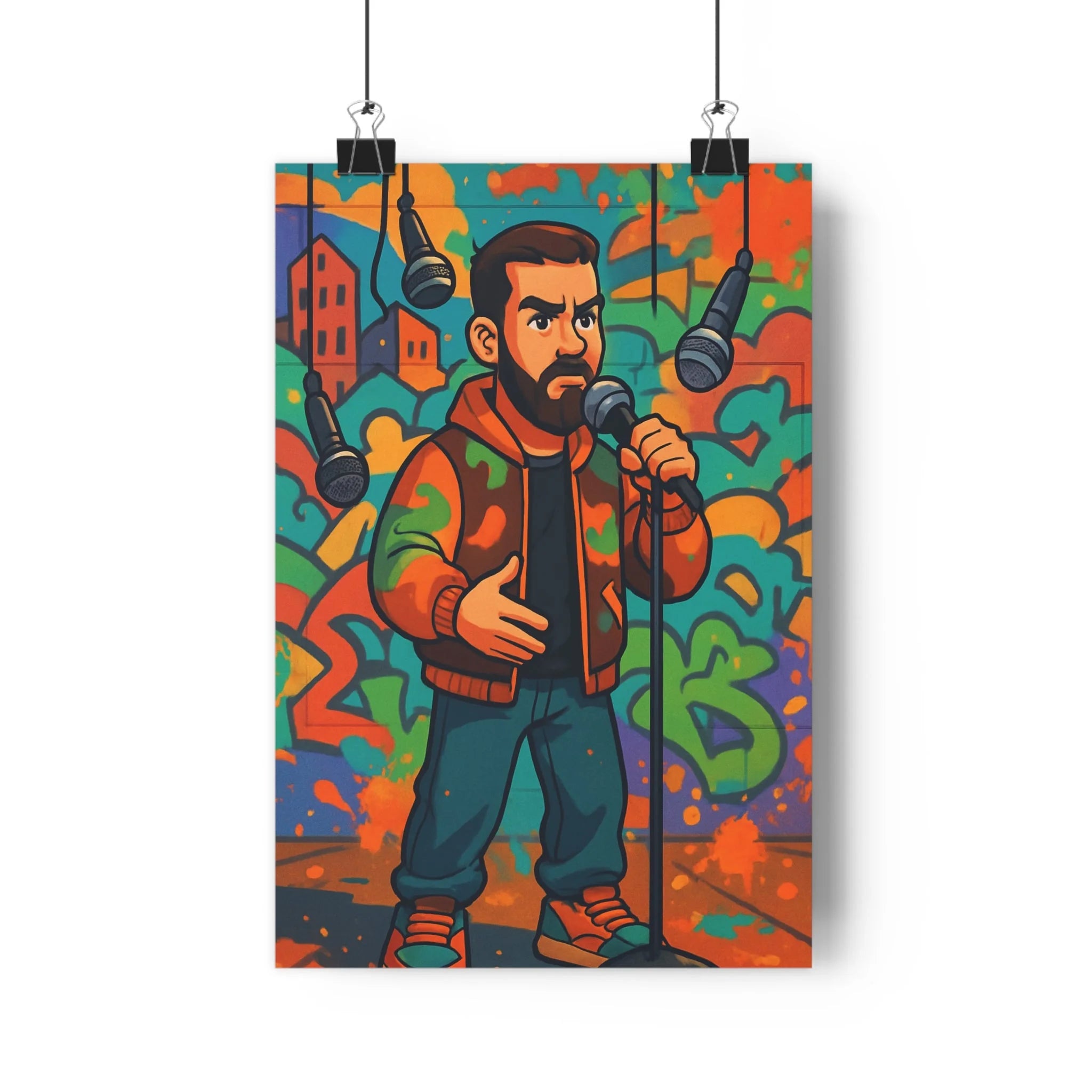 Poster décoratif cartoon urbain homme barbu micro graffitis bleu orange vert dynamique bureau qualité