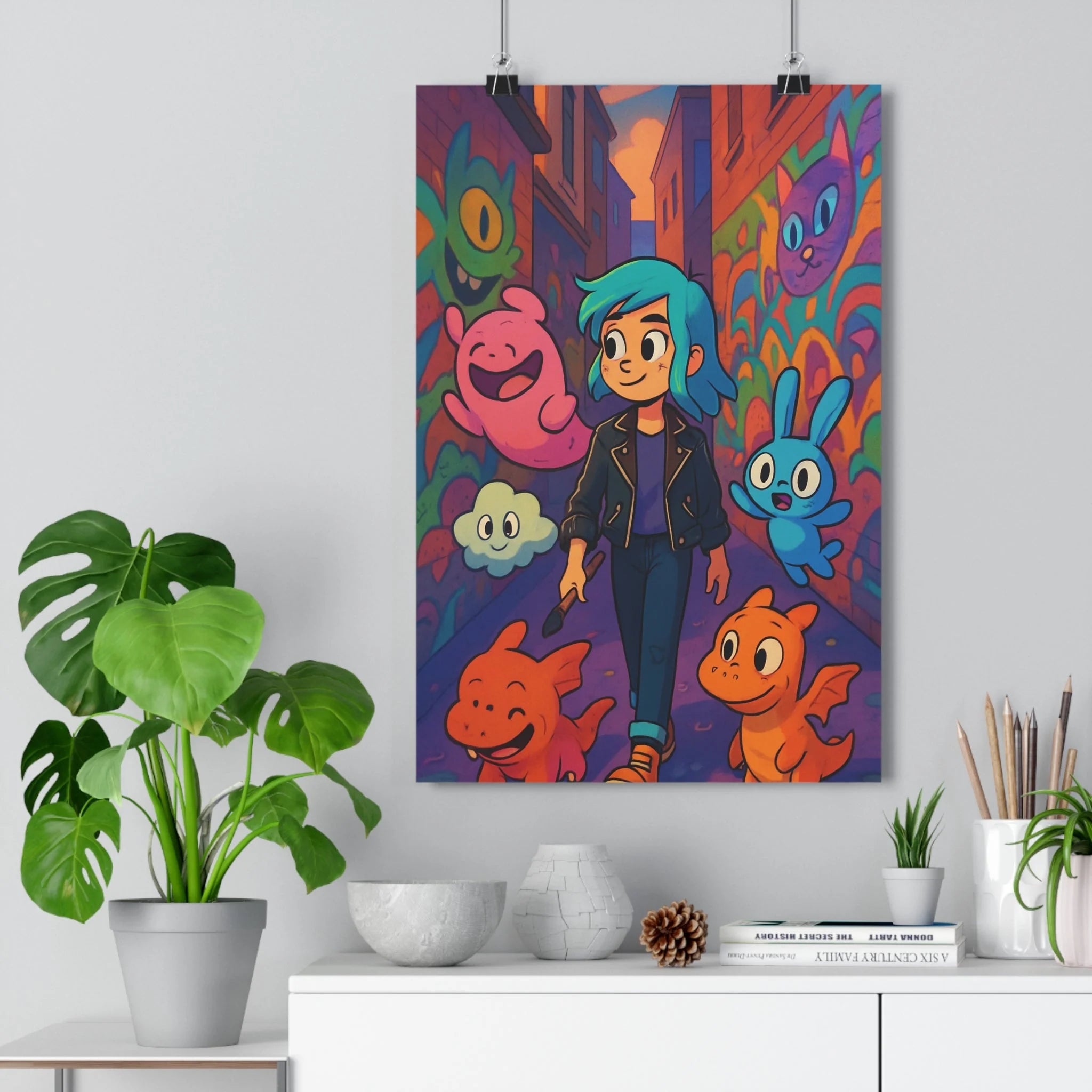 Poster décoratif vert émeraude animé créature urbaine joyeux enfant art graffiti moderne ambiance chambre