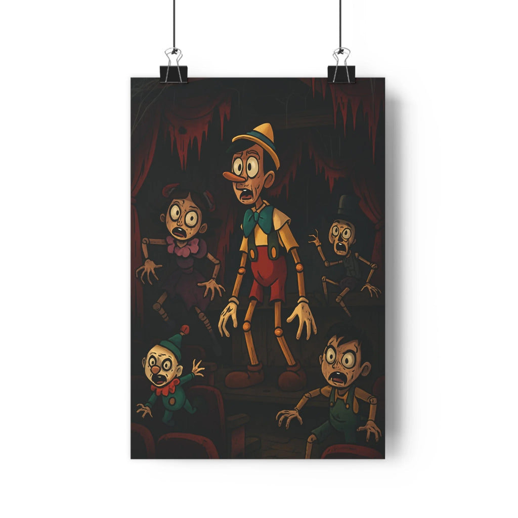 Poster décoratif vintage marionnettes bois terreur théâtre sombre dramatique rouge salon chambre unique qualité