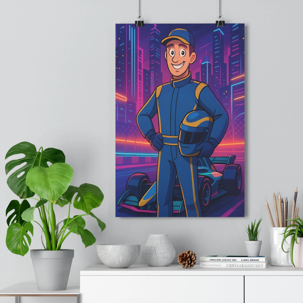 Poster décoratif moderne pilote course bleu jaune urbain dynamique chambre salon bureau voiture ambiance