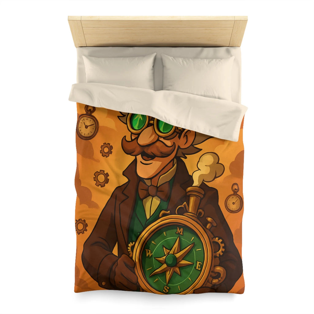 Housse de Couette Steampunk Vintage avec Boussole, Savant et Montgolfières sur Fond Sépia