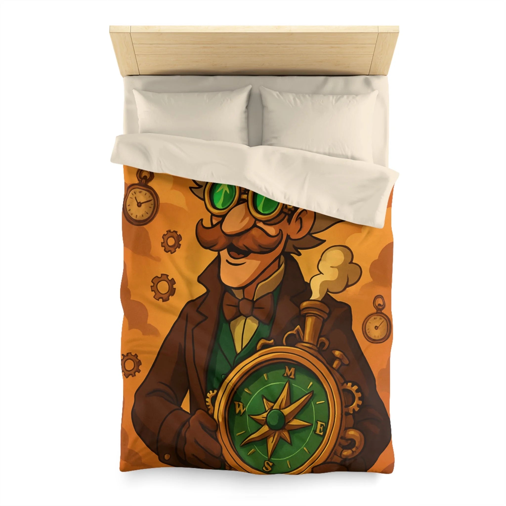 Housse de Couette Steampunk Vintage avec Boussole, Savant et Montgolfières sur Fond Sépia