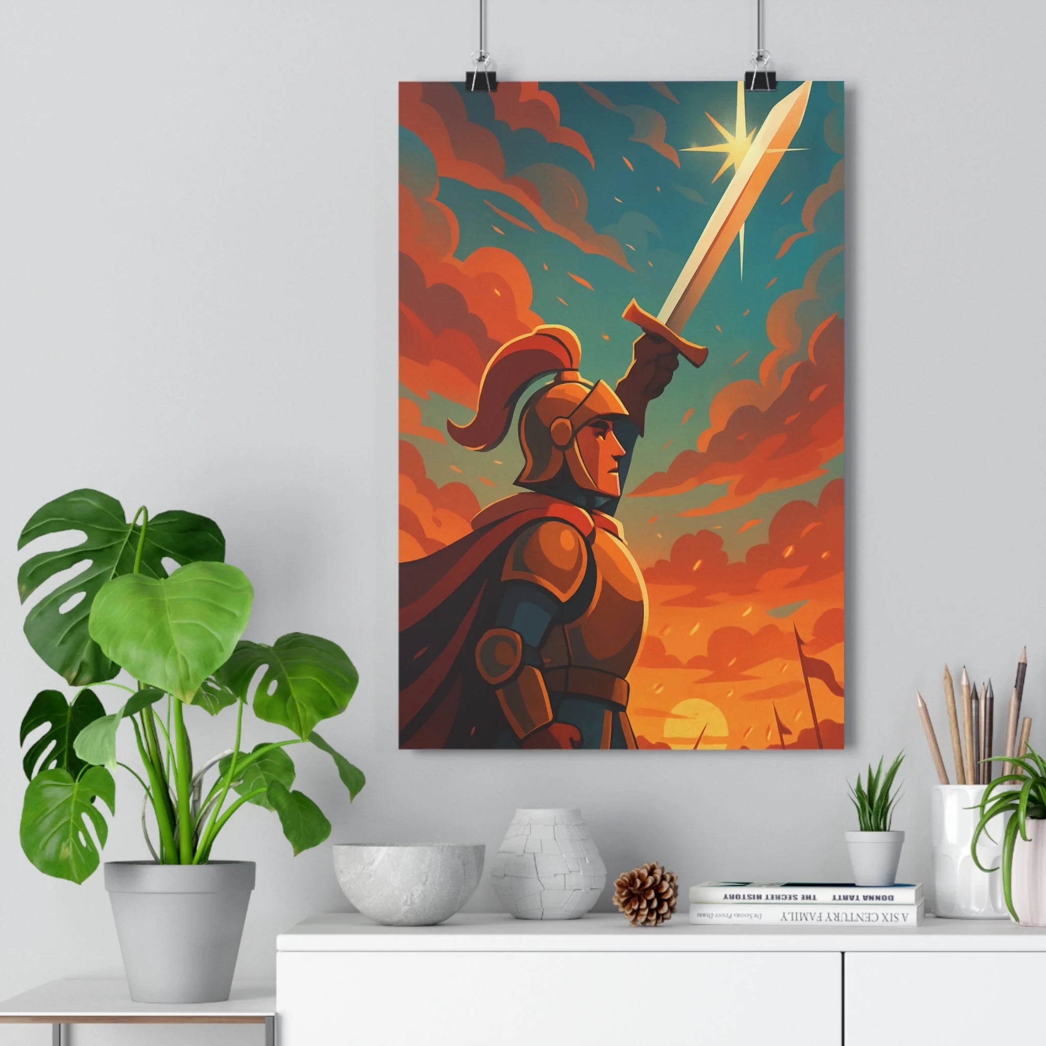 Poster décoratif chevalier épée coucher soleil animé vibrant aventure chambre bureau 30x46 cm moderne