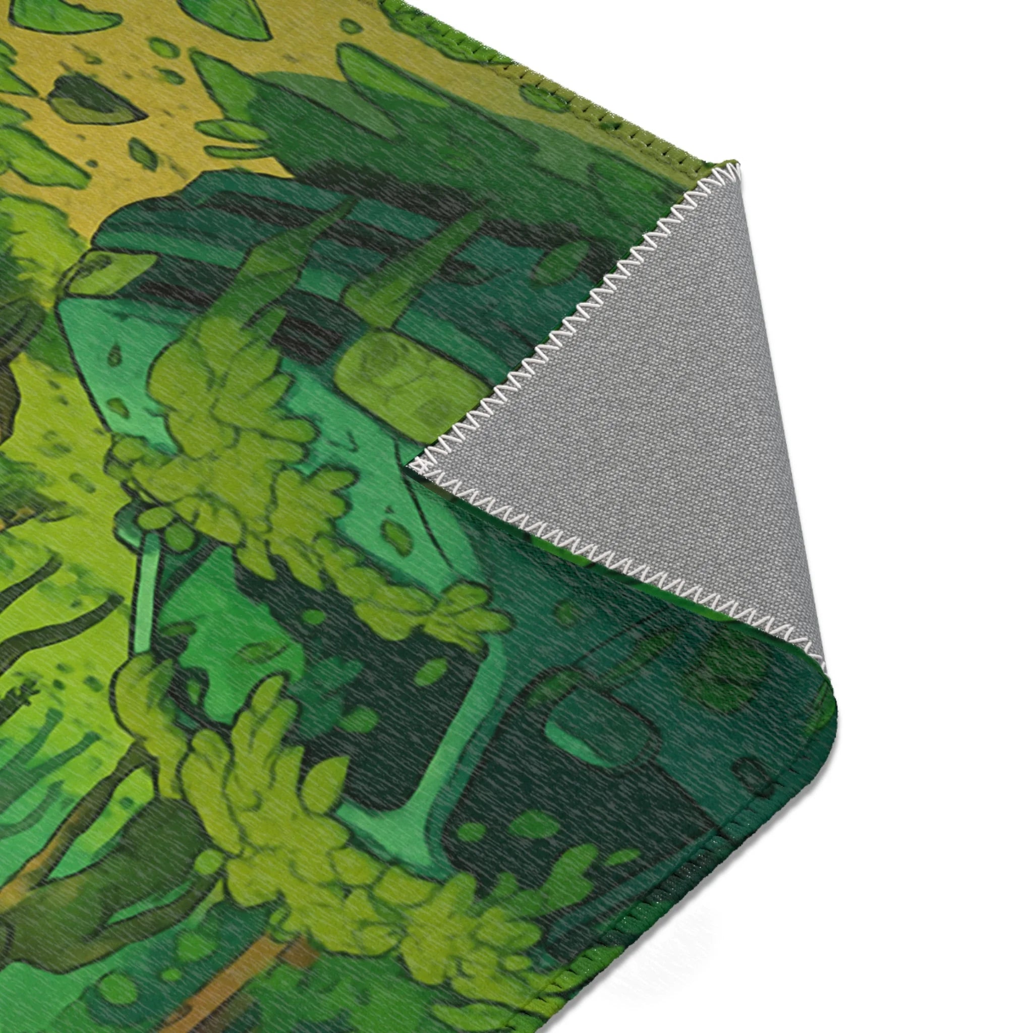 Tapis Décoratif Vert Nature Apocalyptique avec Motifs de Ville Abandonnée et Végétation Luxuriante