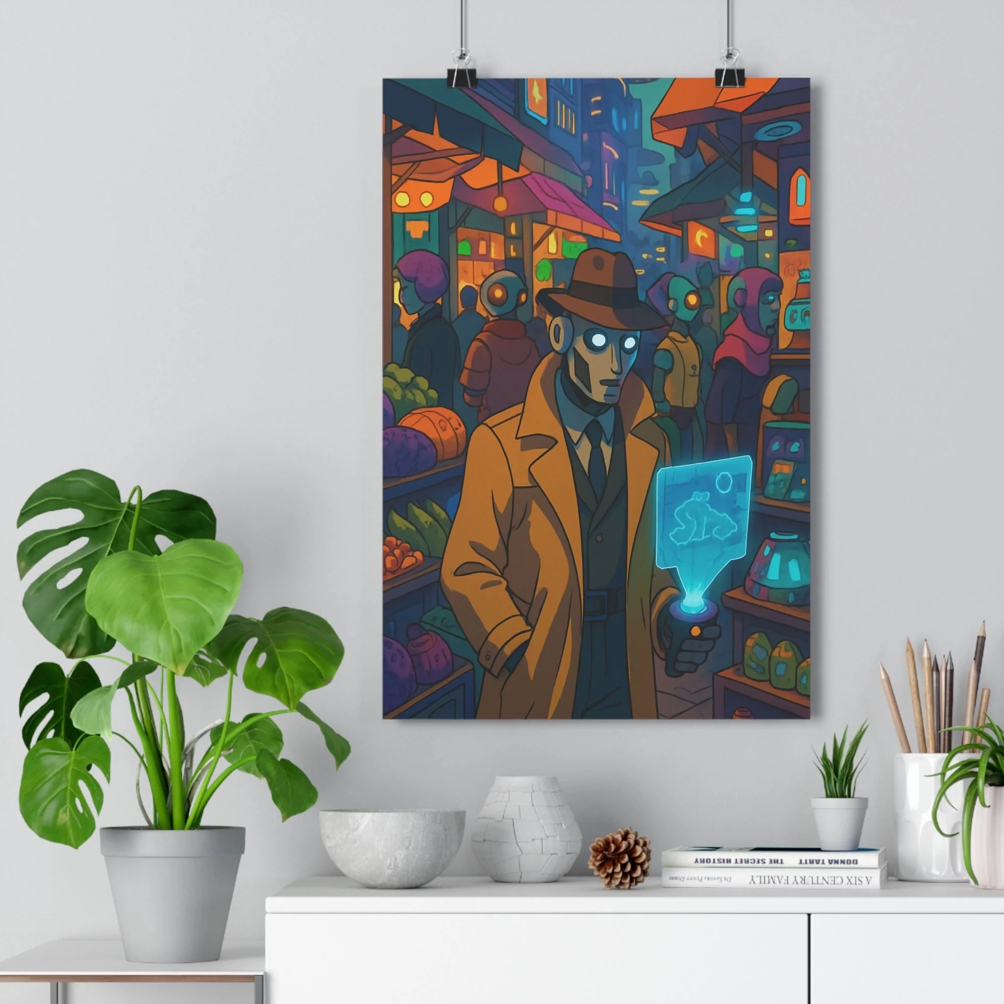 Poster décoratif rétrofuturiste animé bleu violet orange bureau scène dynamique vibrant unique qualité qualité