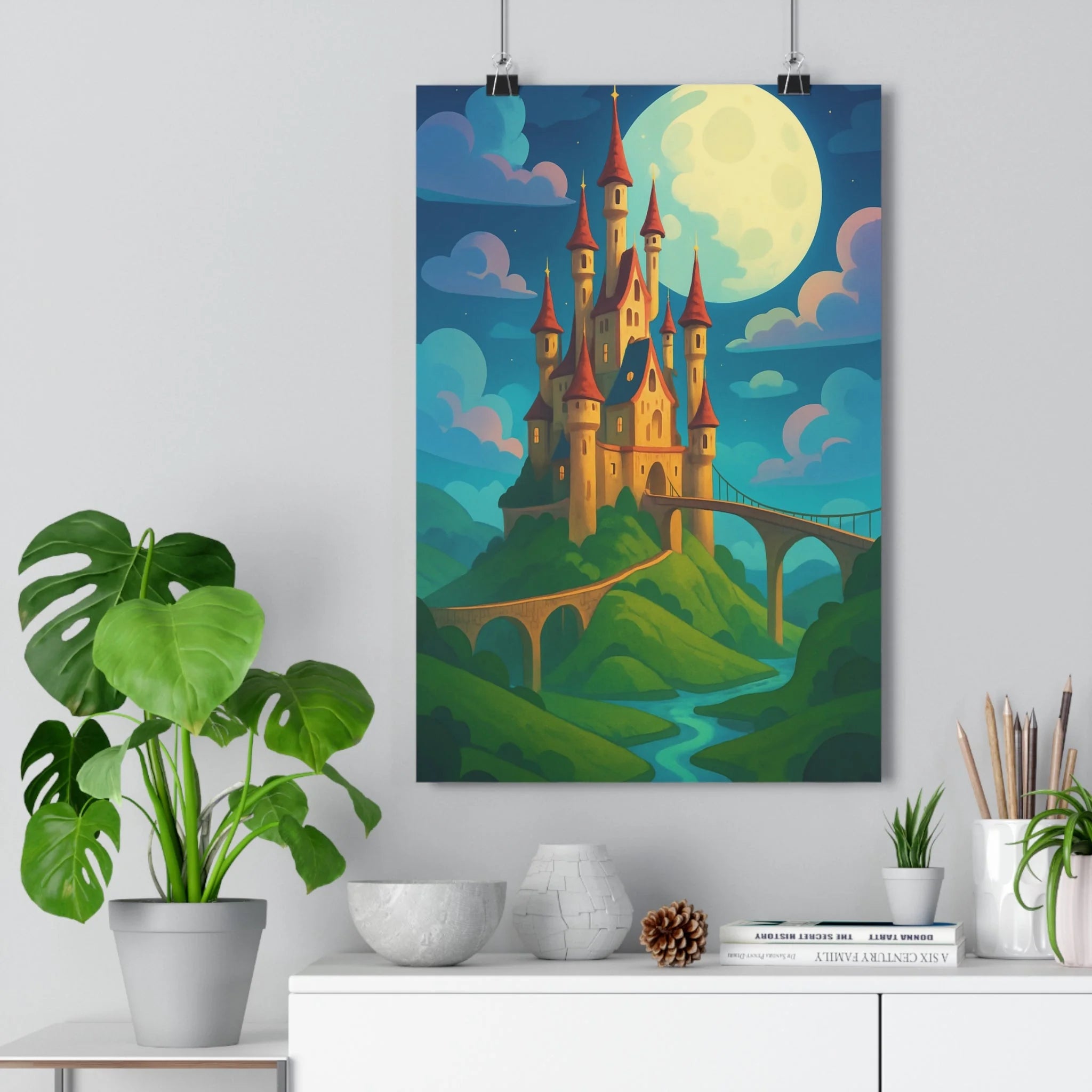 Poster décoratif château féerique bleu vert mystique enfant magie illustration artistique unique qualité enchanté