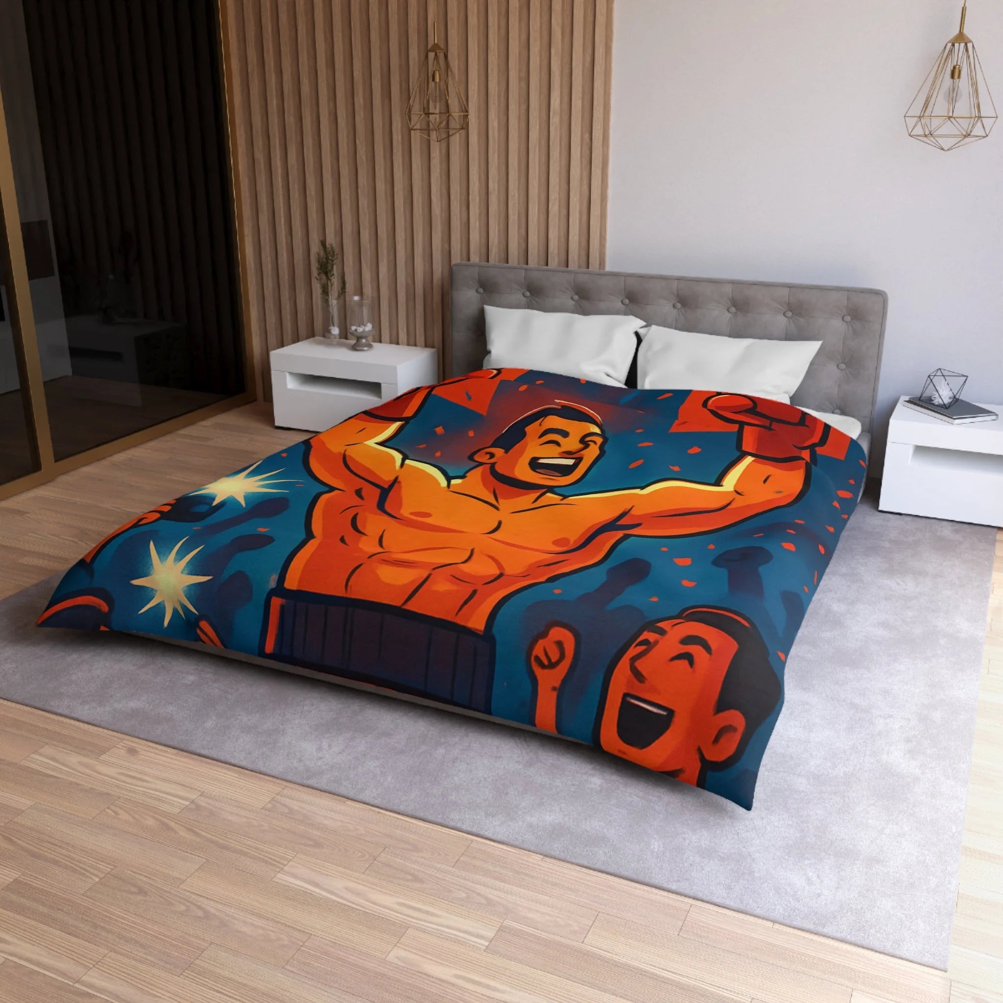 Housse de couette spectaculaire avec illustration de boxeur victorieux et public en liesse