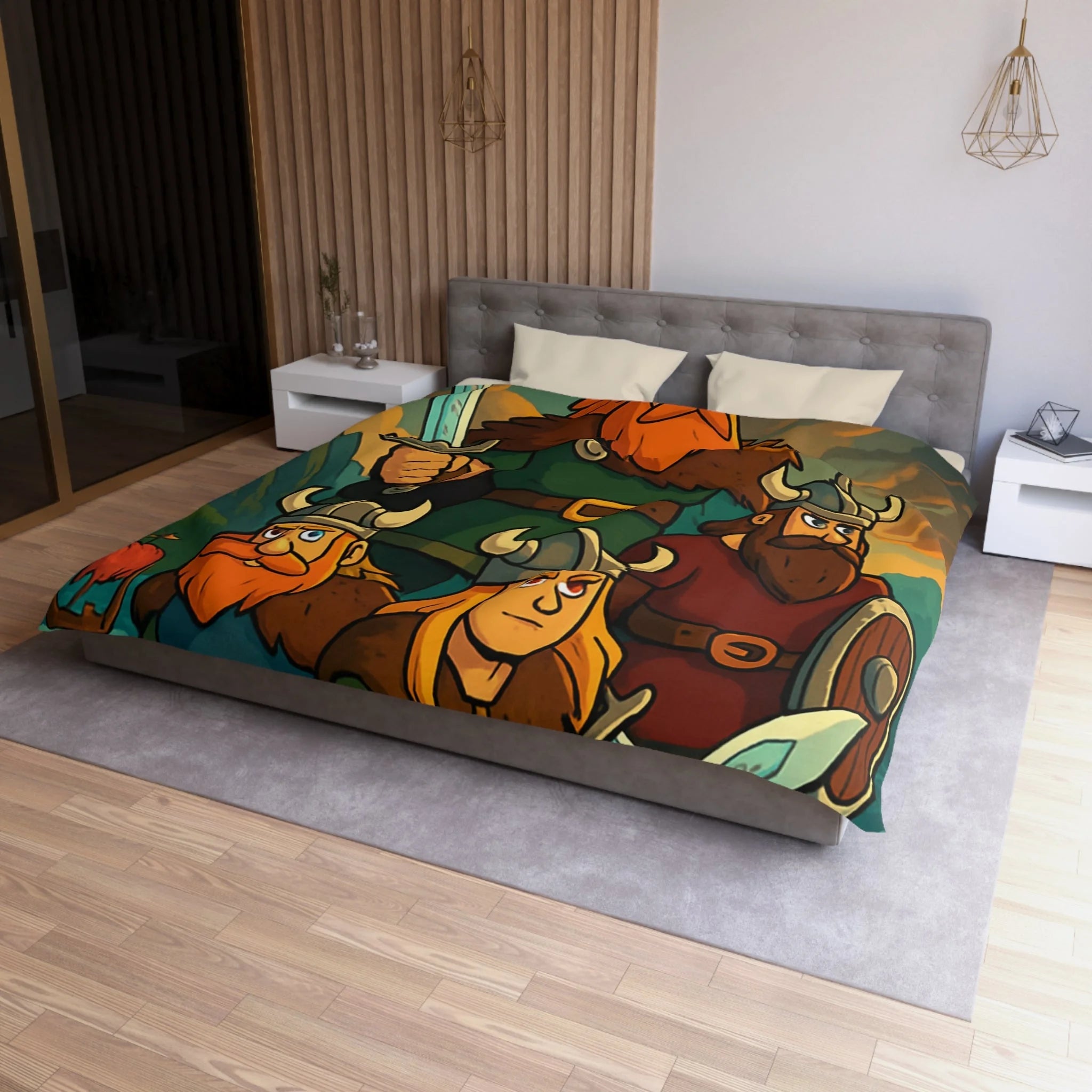 Housse de couette viking épique avec des guerriers et paysage dramatique