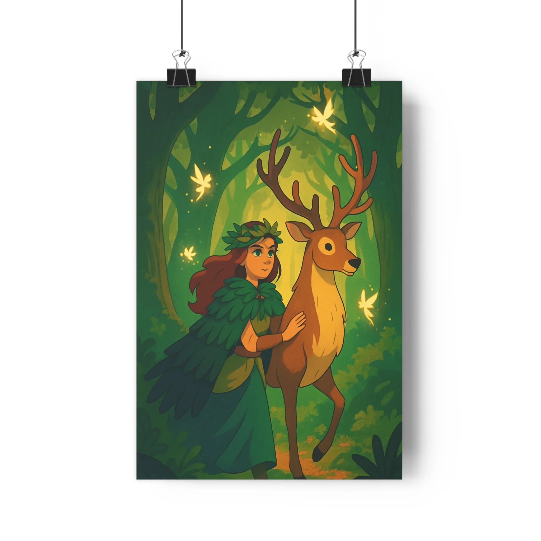 Poster décoratif anime forêt magique vert doré féerique chambre apaisante 30x46 lumineux vibrant qualité