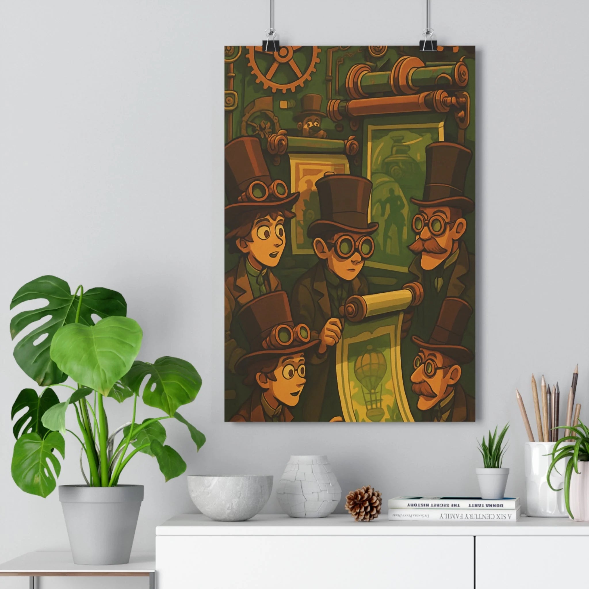 Poster décoratif steampunk rétro vert brun cartoon industriel salon bureau aventure unique élégant affiches