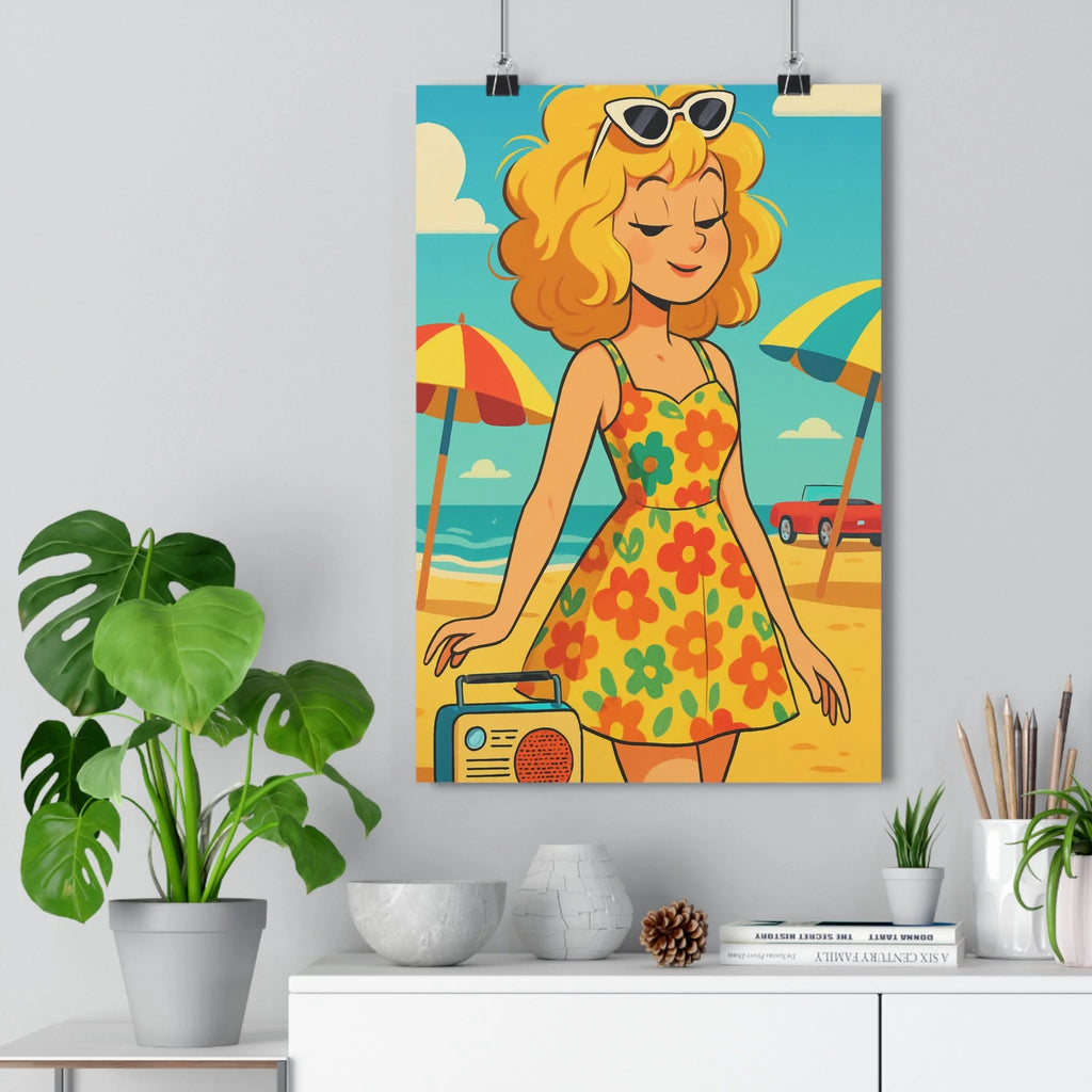 Poster décoratif rétro vintage plage joyeux pastel salon femme voiture été lunettes radio qualité